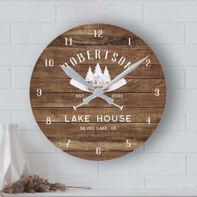 Rustic Wood Family Name Lake House Trees Round Clock (Creator Uploaded)