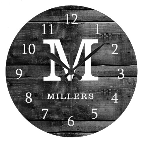 Rustic Wood Family Name Monogram Black And White Large Clock