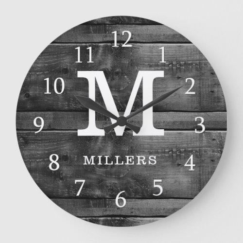 Rustic Wood Family Name Monogram Black And White Large Clock