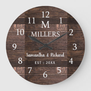 Rustic Wood Family Name Monogram Farmhouse Large Clock