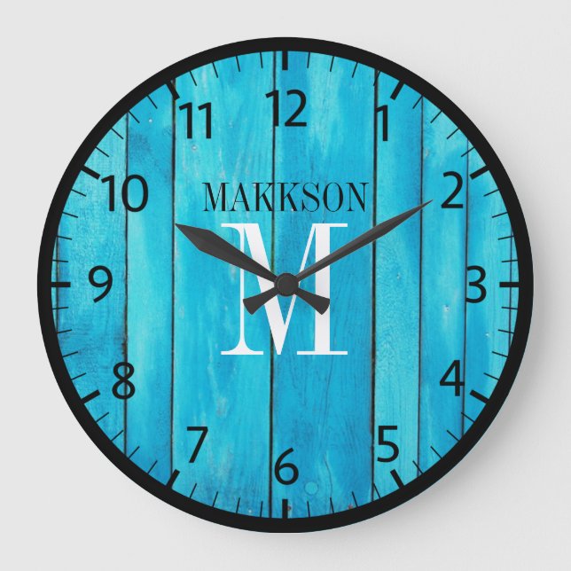 Rustic Wood Family Name Monogram Large Clock (Front)
