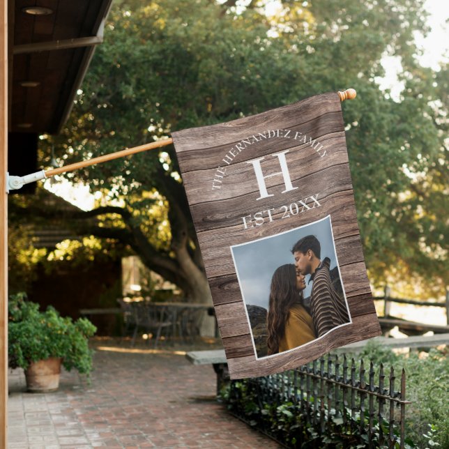 Rustic Wood Family Name Monogram Photo House Flag (In SItu)
