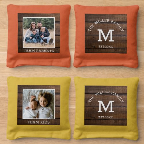 Rustic Wood Family Name Monogram Team Photo  Cornhole Bags