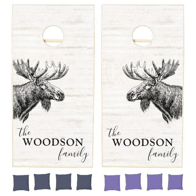 Rustic Wood Family Name Moose Head Cornhole Set (Set)