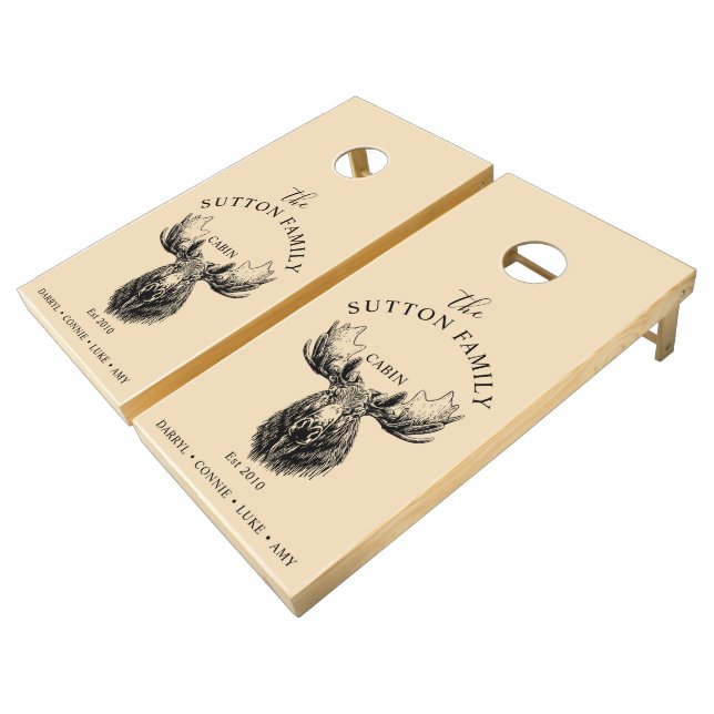 Rustic Wood Family Name Moose Sandstone Cornhole Set (Angled)