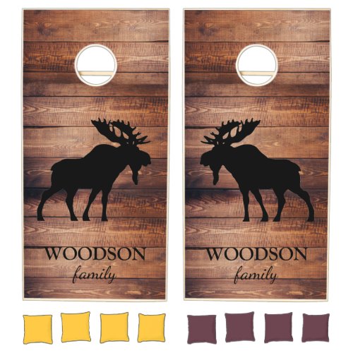 Rustic Wood Family Name Moose Silhouette Cornhole  Cornhole Set