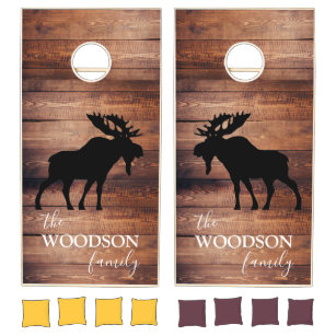 Rustic Wood Family Name Moose Silhouette Cornhole Set