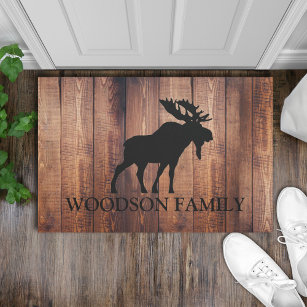 Rustic Wood Family Name Moose Silhouette Doormat