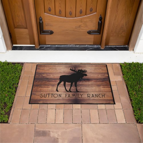 Rustic Wood Family Name Moose Silhouette Doormat