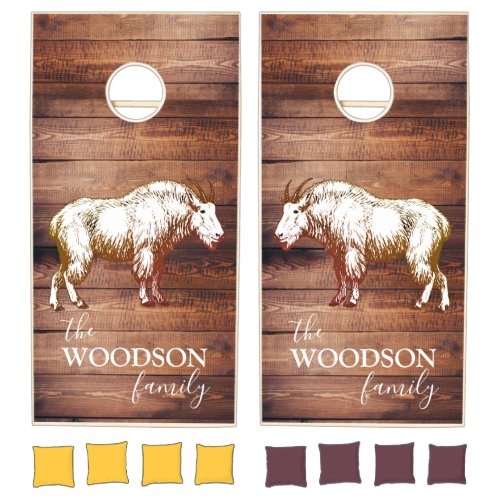 Rustic Wood Family Name Mountain Goat Cornhole Set