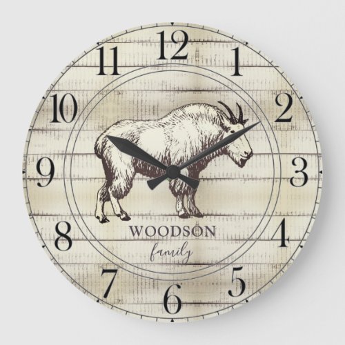 Rustic Wood Family Name Mountain Goat Large Clock