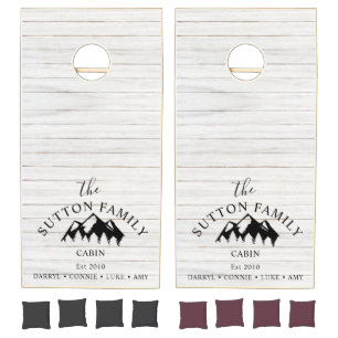 Rustic Wood Family Name Mountains Pine Trees Cornhole Set