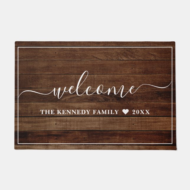Rustic Wood Family Name Personalized  Welcome Doormat (Front)