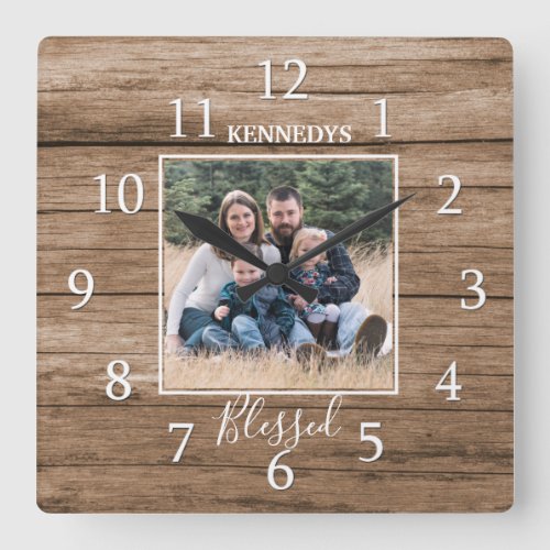 Rustic Wood Family Name Photo Blessed Farmhouse   Square Wall Clock