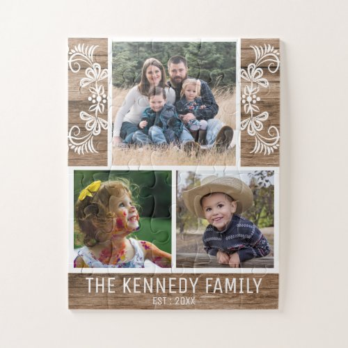Rustic Wood Family Name Photo Collage Jigsaw Puzzle