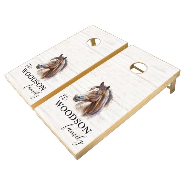 Rustic Wood Family Name Ranch Horse Cornhole Set (Angled)
