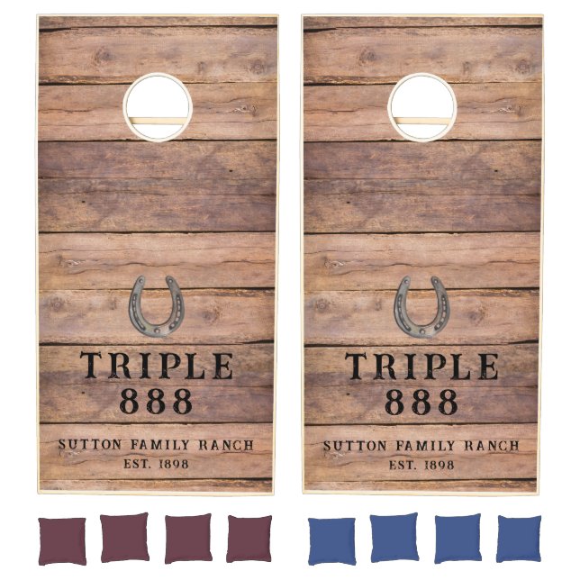 Rustic Wood Family Name Ranch Name Horseshoe Cornhole Set (Set)