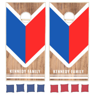 Rustic Wood Family Name Red Blue White Cornhole Set