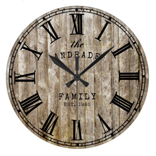 Rustic Wood Family Name Roman Numeral Farmhouse Large Clock