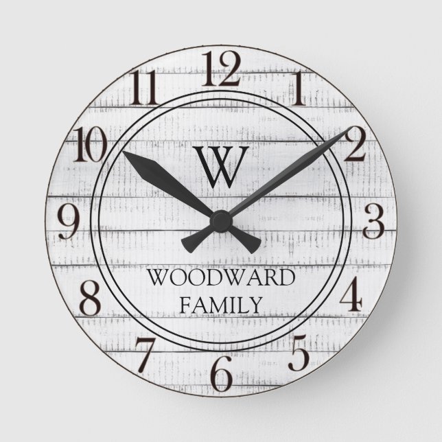 Rustic Wood Family Name Round Clock (Front)