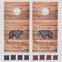 Rustic Wood Family Name Walking Bear Cornhole Set