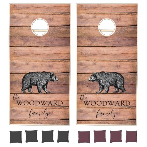 Rustic Wood Family Name Walking Bear  Cornhole Set
