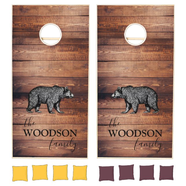 Rustic Wood Family Name Walking Bear Cornhole Set (Set)