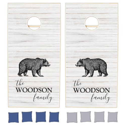 Rustic Wood Family Name Walking Bear Cornhole Set