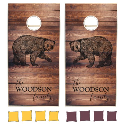 Rustic Wood Family Name Walking Bear Cornhole Set