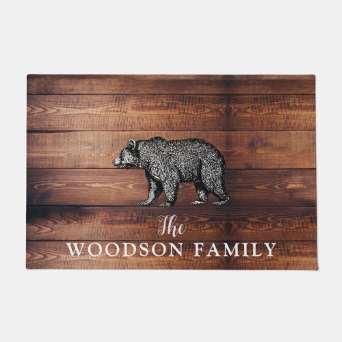 Rustic Wood Family Name Walking Bear Doormat