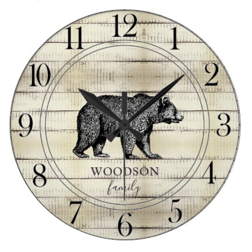 Rustic Wood Family Name Walking Bear Large Clock