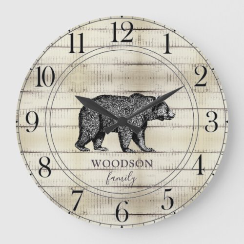 Rustic Wood Family Name Walking Bear Large Clock