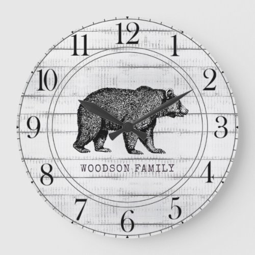 Rustic Wood Family Name Walking Bear  Large Clock