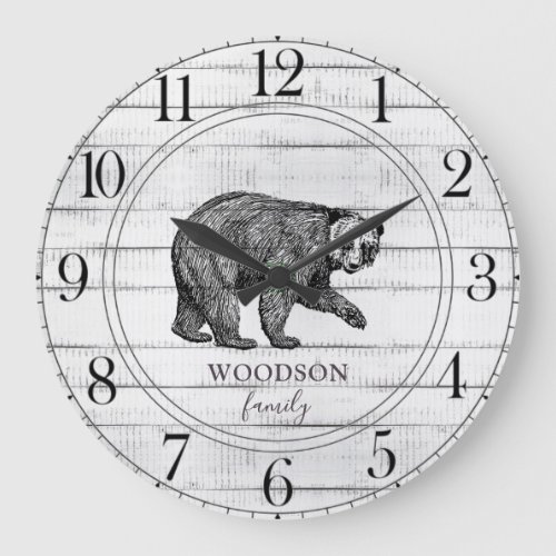 Rustic Wood Family Name Walking Bear Large Clock