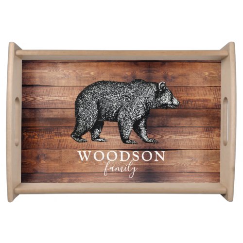 Rustic Wood Family Name Walking Bear Serving Tray