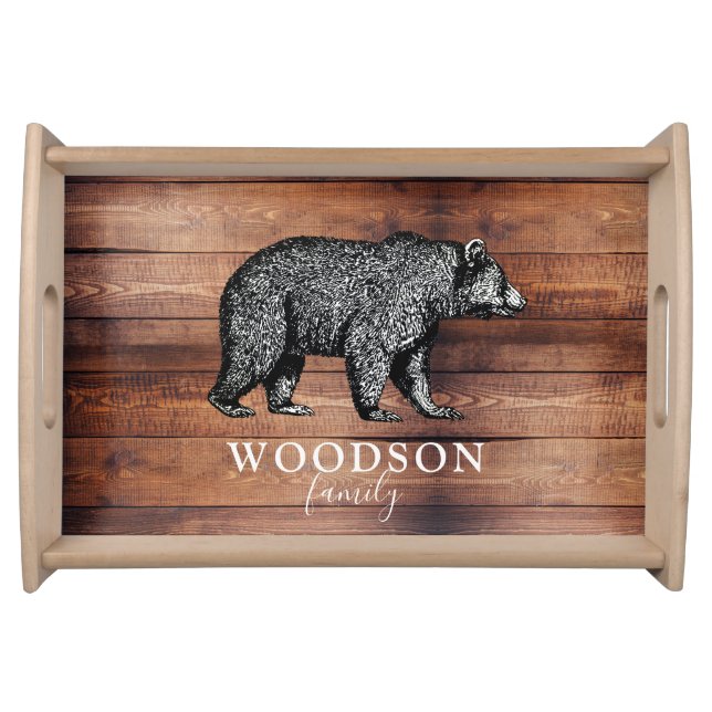 Rustic Wood Family Name Walking Bear Serving Tray (Front)