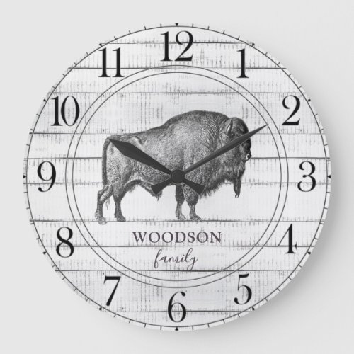Rustic Wood Family Name Walking Bison Buffalo Large Clock