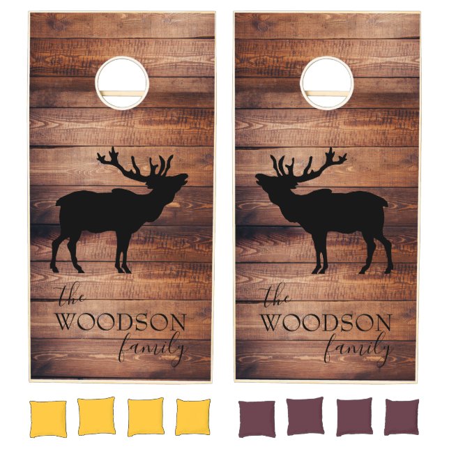 Rustic Wood Family Name Walking Elk  Cornhole Set (Set)