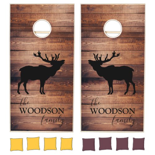 Rustic Wood Family Name Walking Elk Cornhole Set