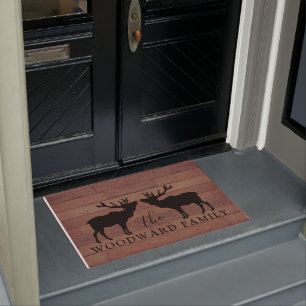 Rustic Wood Family Name Walking Elk Doormat