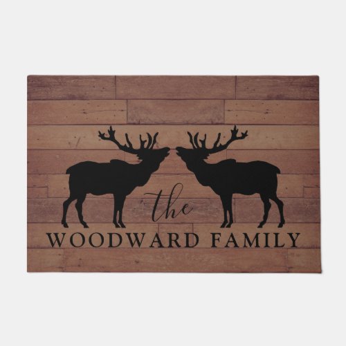 Rustic Wood Family Name Walking Elk  Doormat