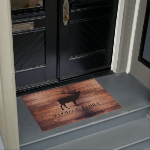 Rustic Wood Family Name Walking Elk  Doormat