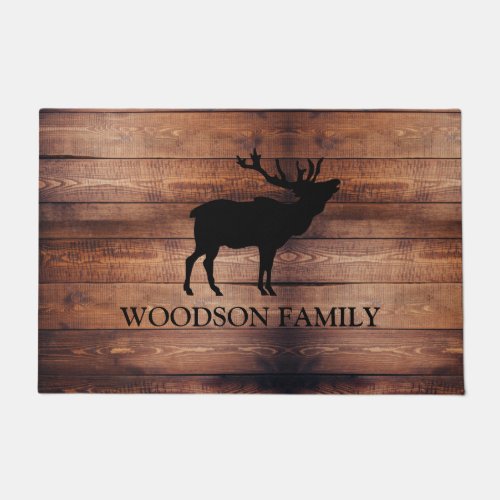 Rustic Wood Family Name Walking Elk  Doormat