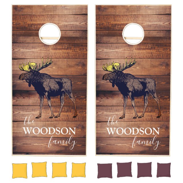 Rustic Wood Family Name Walking Moose Cornhole Set (Set)