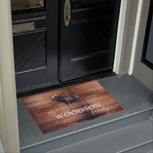 Rustic Wood Family Name Walking Moose  Doormat
