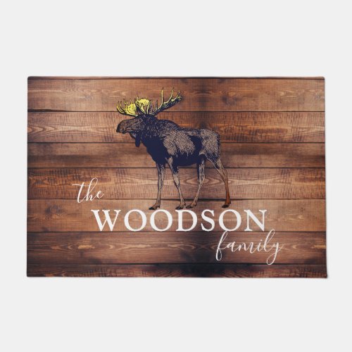 Rustic Wood Family Name Walking Moose  Doormat