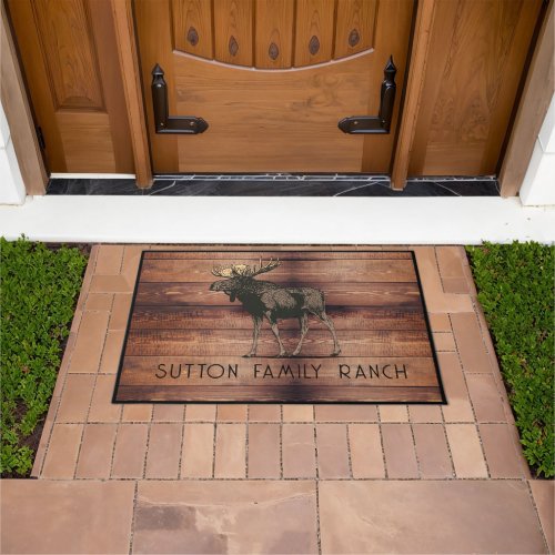 Rustic Wood Family Name Walking Moose Doormat