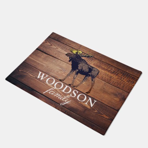 Rustic Wood Family Name Walking Moose  Doormat