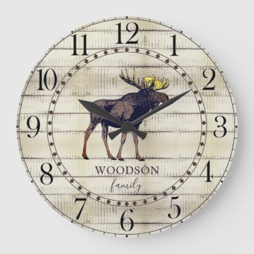 Rustic Wood Family Name Walking Moose Large Clock