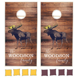 Rustic Wood Family Name Woodlands Moose Cornhole Set
